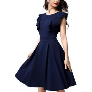 Navy Blue Sleeveless Ruffle Cocktail Dress